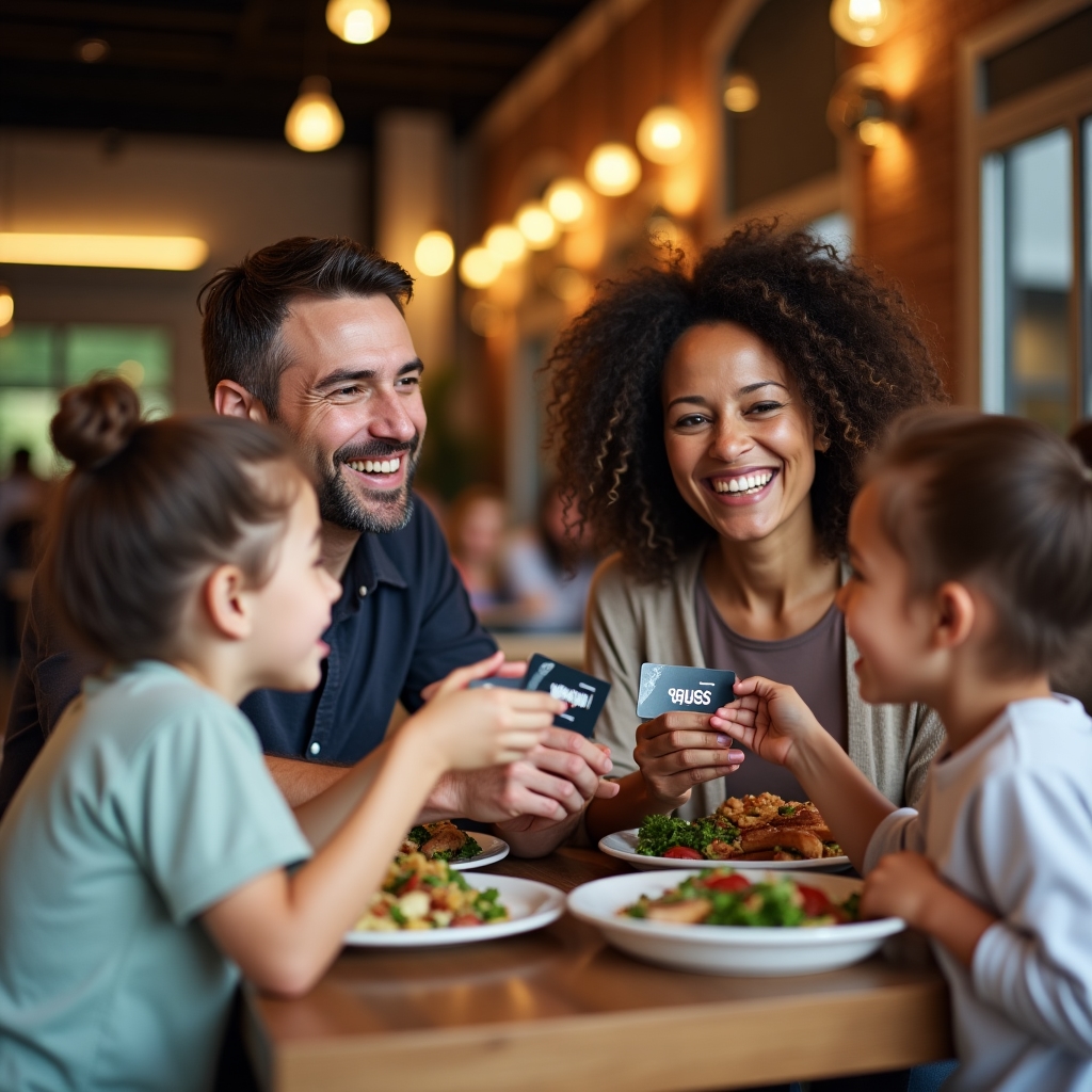 Family enjoying a meal with gift cards